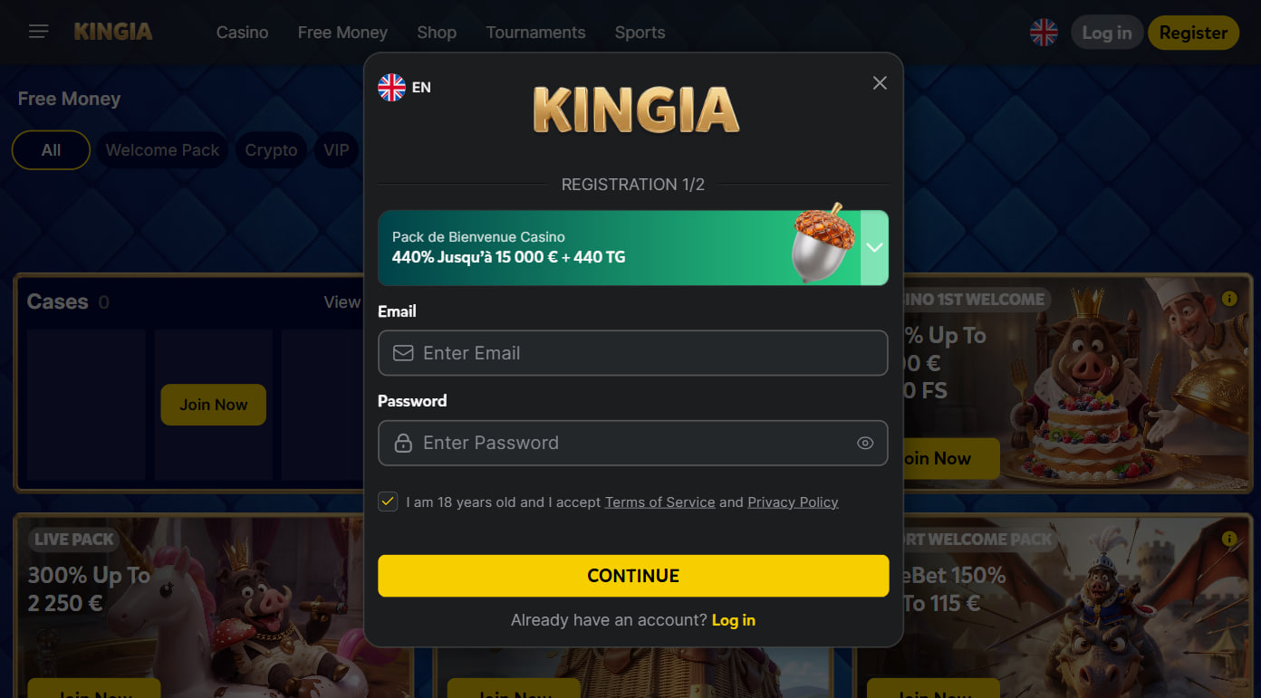 Kingia Casino Login and Registration
